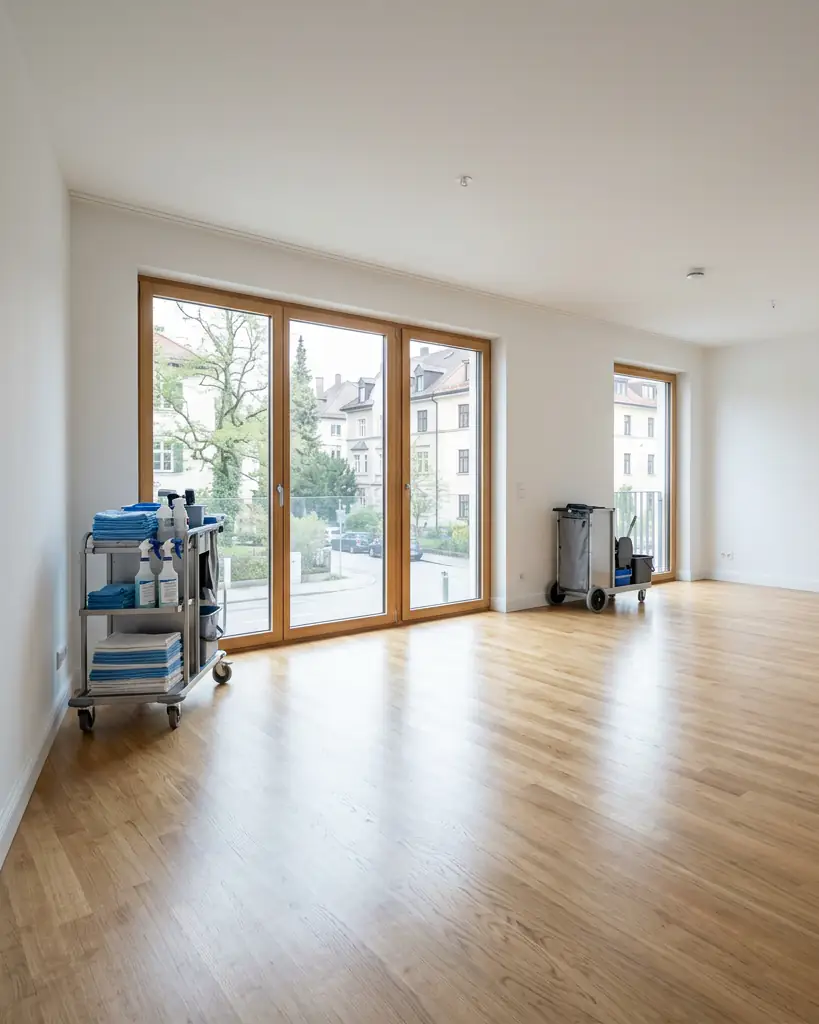 Bauendreinigung in München: fertiggestellte Wohnung mit Parkett, gereinigten Fenstern und Reinigungswagen vor der Übergabe