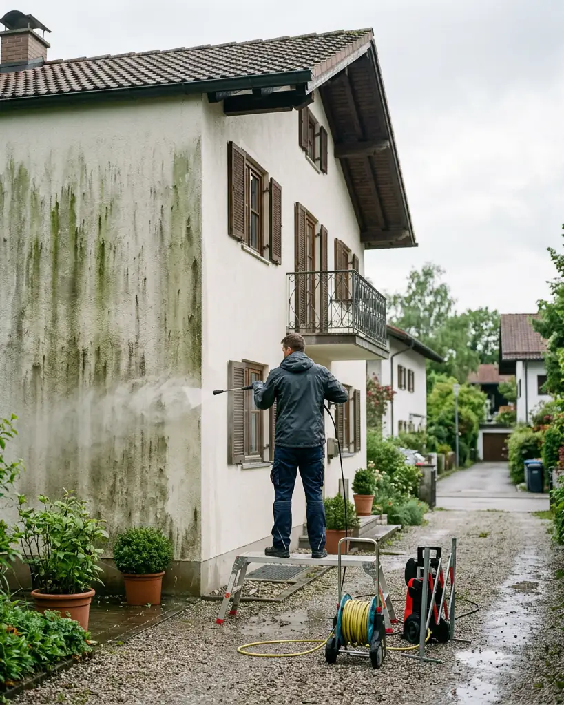 Fassadenreinigung in München: Putzfassade eines Wohnhauses, links mit Grünbelag, rechts frisch gereinigt