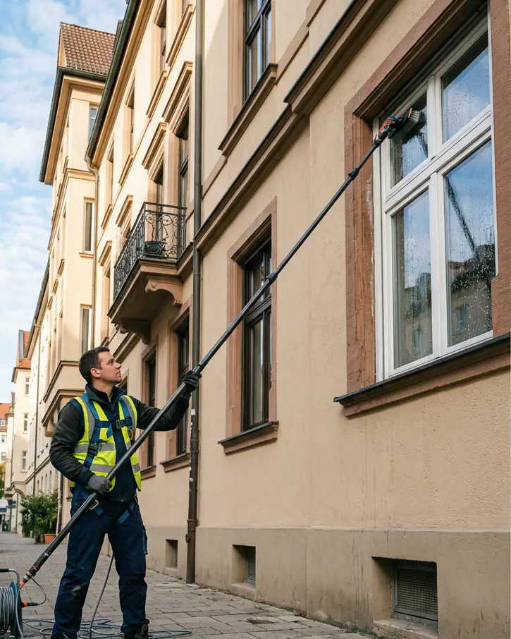 Fensterreinigung von außen in München: Reinigung mit Reinwasser-Teleskopstange an einem Altbau