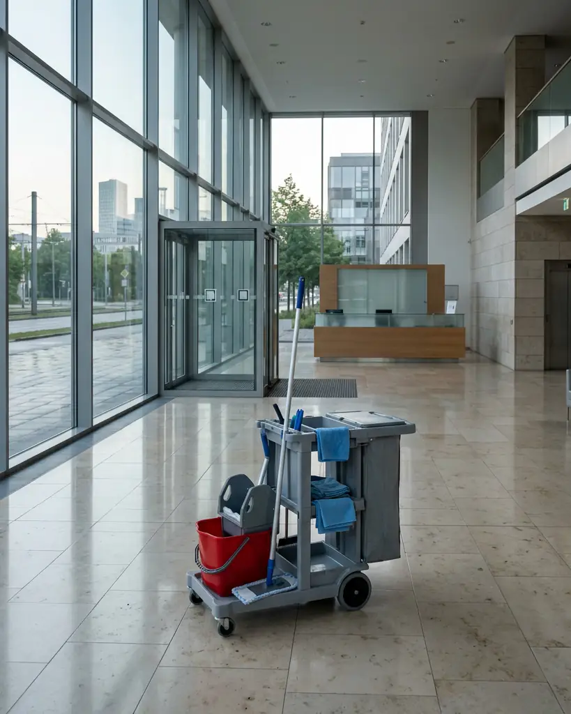 Gebäudereinigung in München: frisch gereinigte Eingangshalle eines Bürogebäudes mit Glasfront, Steinboden und Reinigungswagen