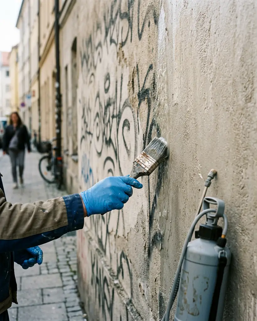 Graffitientfernung in München: Spezialreiniger wird mit dem Pinsel auf ein Graffiti an einer Putzwand aufgetragen