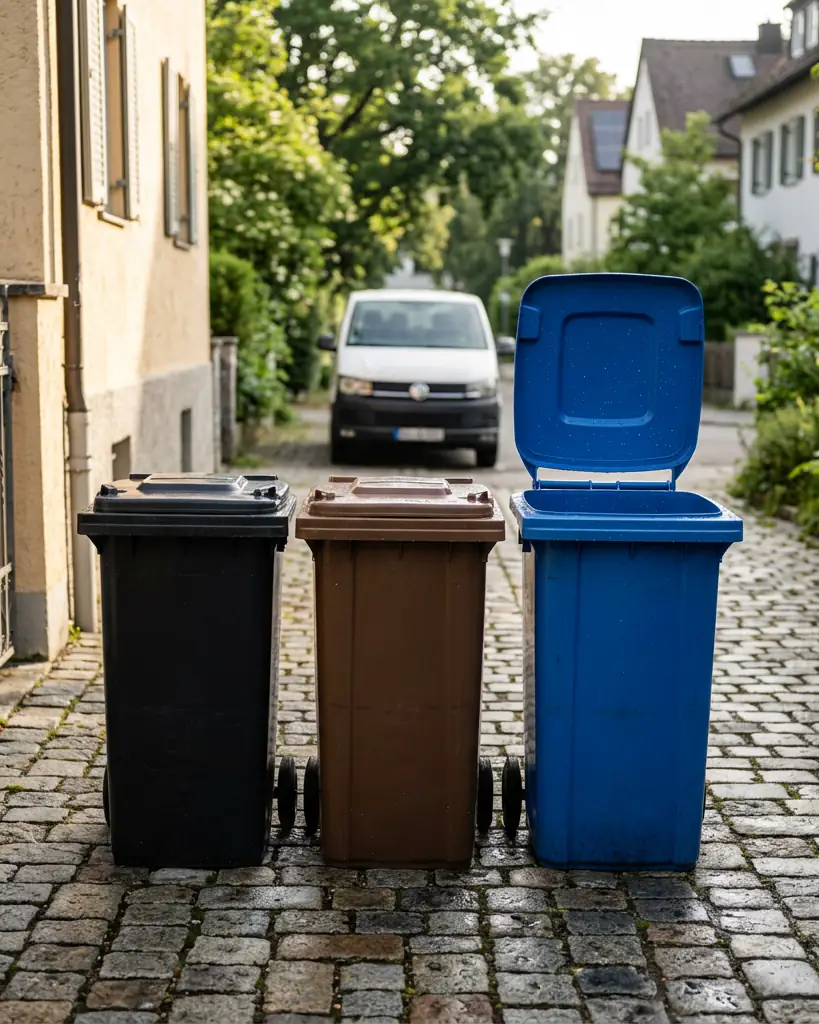 Mülltonnenreinigung in München: Rest-, Bio- und Papiertonne am Stellplatz vor dem Haus, Papiertonne geöffnet